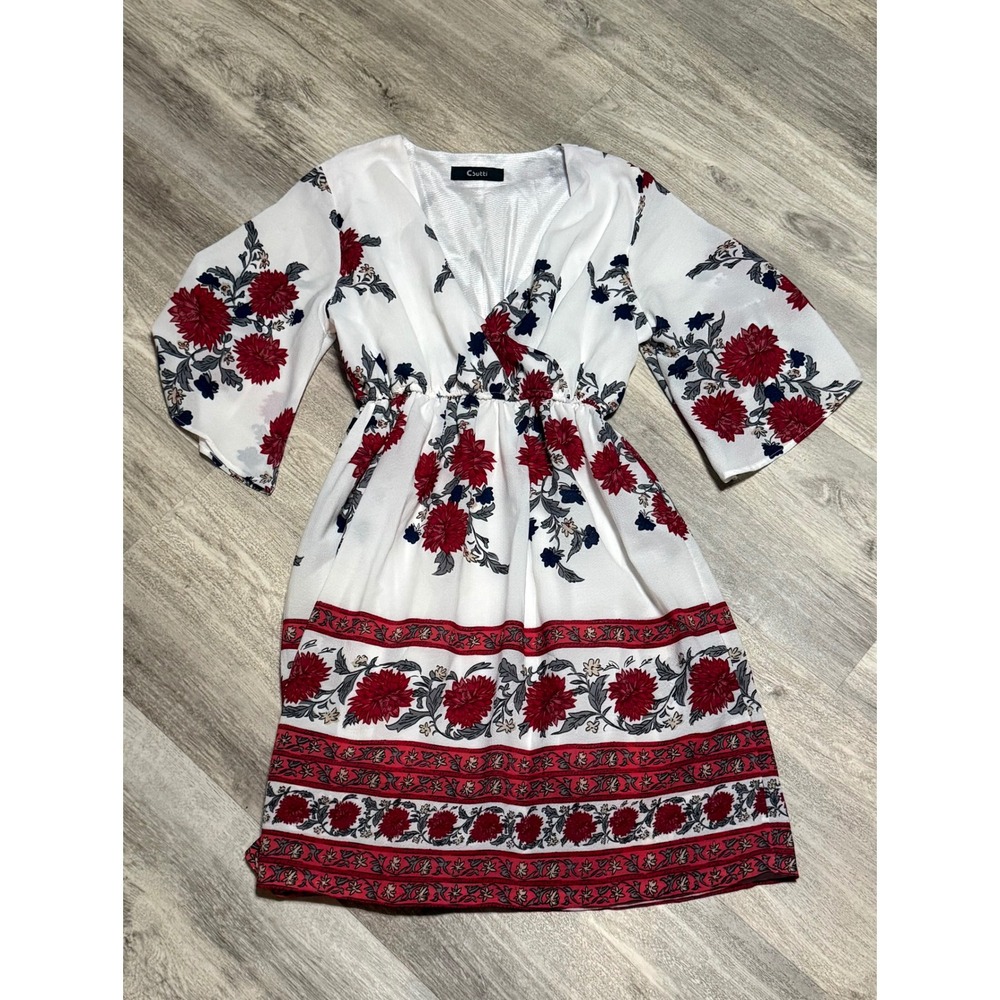 Csutti Floral Bell Sleeve Mini Dress White Red Blue V-Neck Elastic Waist Boho